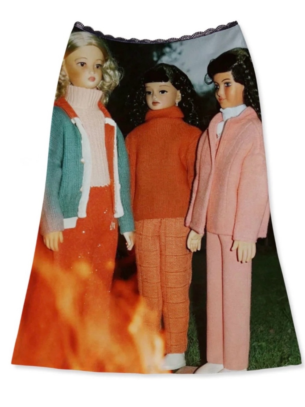 Graphic Mini Skirt with Vintage Doll Campfire Photo Print - Orange, Pink, Teal